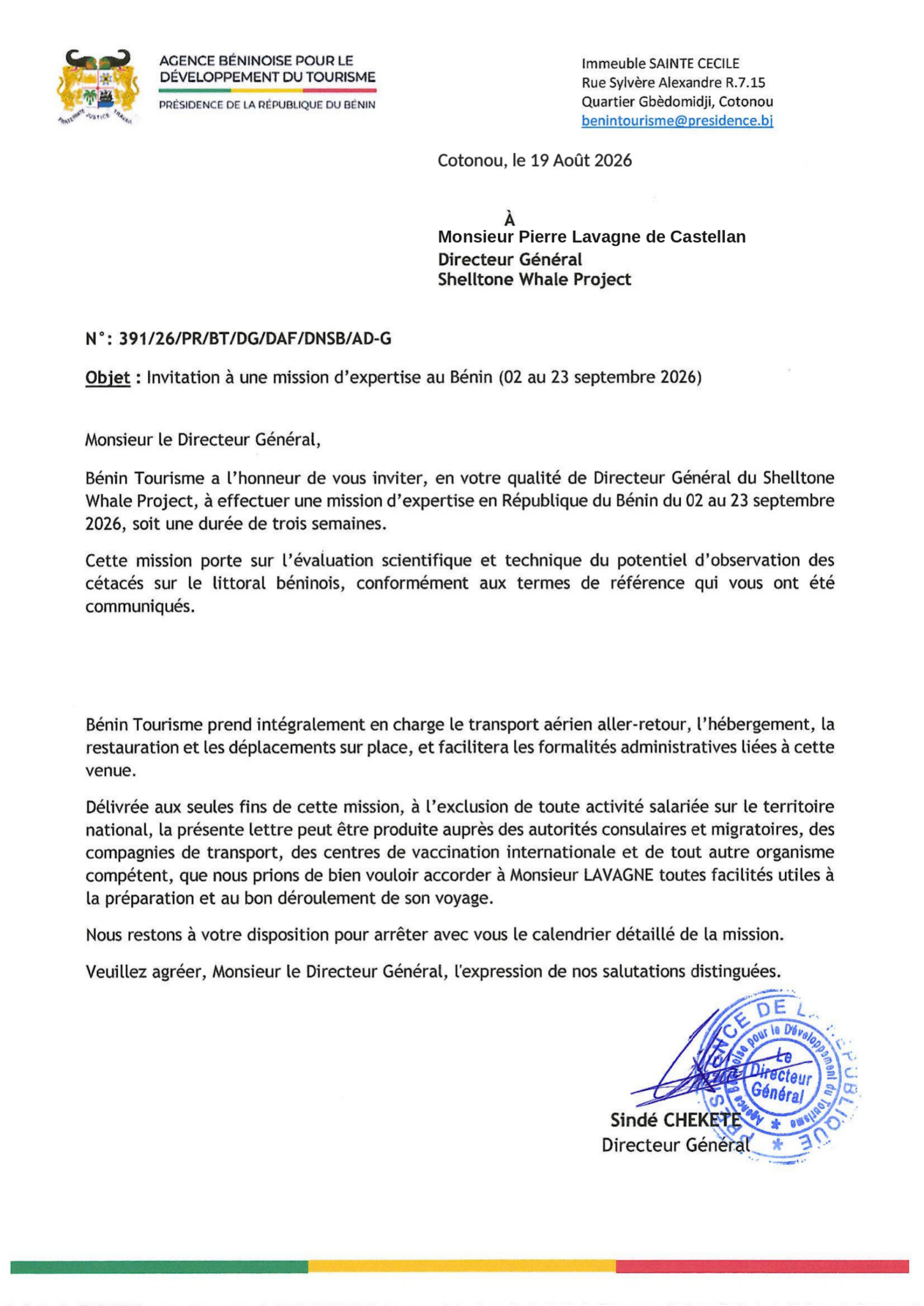 Lettre d'invitation officielle de l'Office du tourisme du Bénin 725x1024
